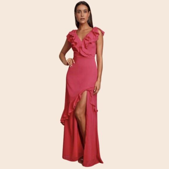 Lulus Love From Above Pink Ruffled Surplice Maxi Dress Size Small - Picture 1 of 16